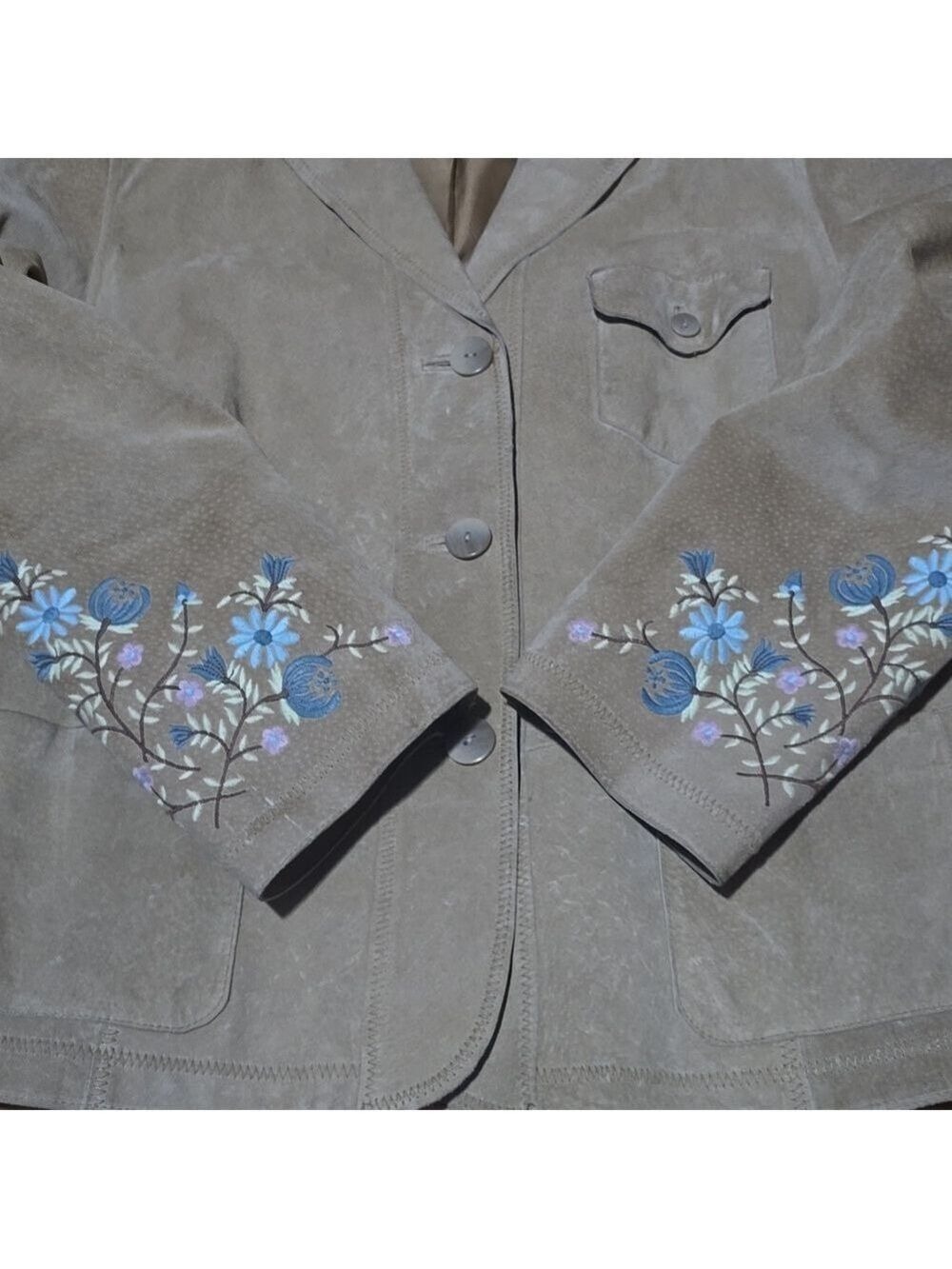 Tan Suede Floral Embroiderd Cuff Blazer Jacket Size M - Picture 10 of 15